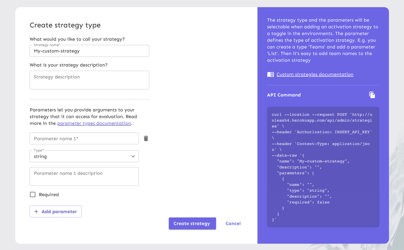 A strategy creation form. It has fields labeled &quot;strategy name&quot; — &quot;TimeStamp&quot; — and &quot;description&quot; — &quot;activate toggle after a given timestamp&quot;. It also has fields for a parameter named &quot;enableAfter&quot;. The parameter is of type &quot;string&quot; and the parameter description is &quot;Expected format: YYYY-MM-DD HH:MM&quot;. The parameter is required.